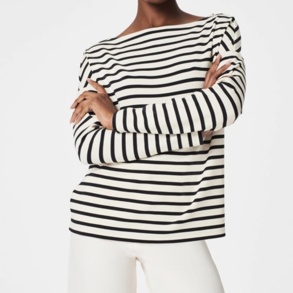 Spanx Air Essentials Boatneck black white striped stretch knit long sleeve shirt